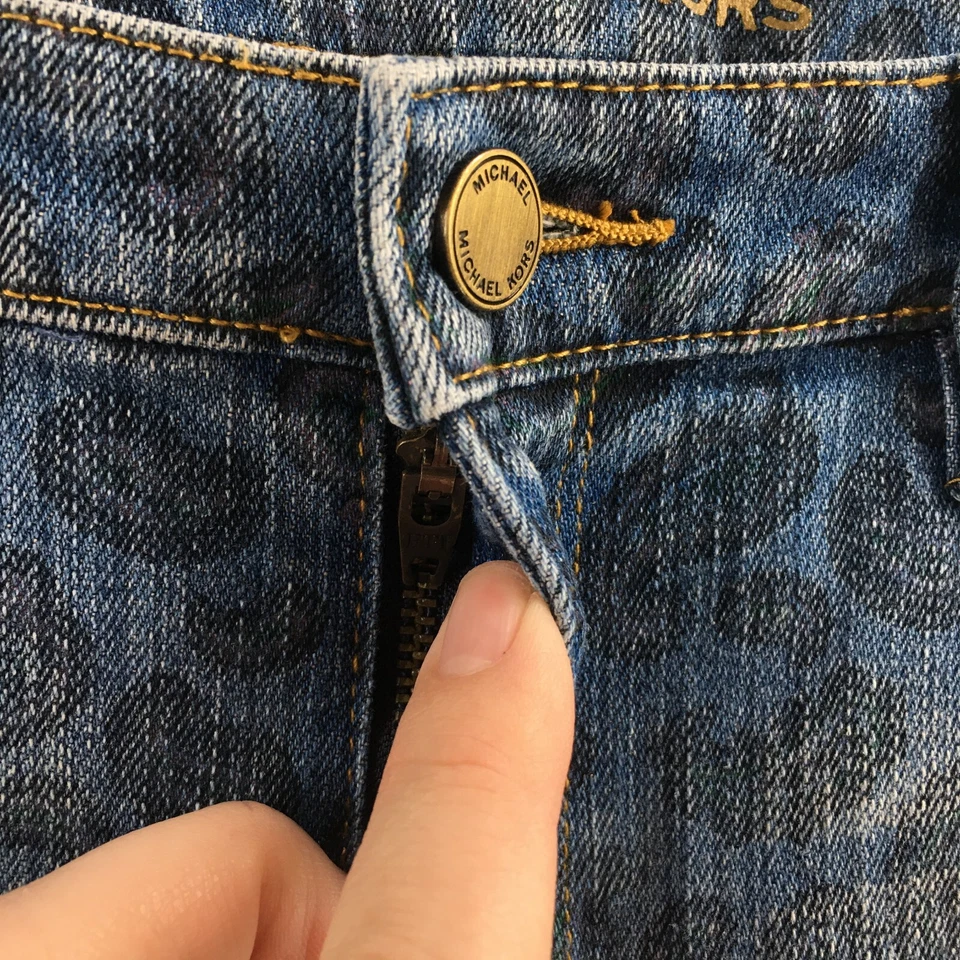 Pantalones de mezclilla ajustados Michael Kors para mujer 6 (real 31x29,5) azul estampado cachemir cremallera Foto 4 de 4