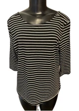 Large Joan Vass New York 3/4 Sleeve Black & White Stirped Women's Top 