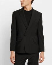 NEW EXPRESS $298 BLACK SLIM ASYMMETRICAL WOOL BLEND MODERN TECH BLAZER SZ 42S