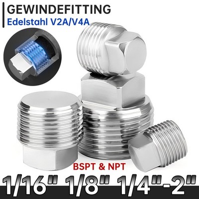 Stopfen mit Vierkant 1/16''-2'' Außengewinde AG Gewindefitting Edelstahl BSPT NPT