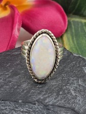 Full Cab White Australian Opal and 925 Sterling Silver Ring - Size 7
