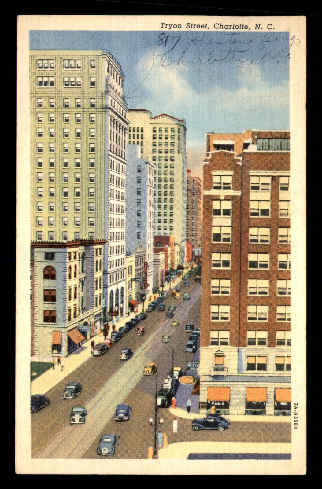 Tryon Street Charlotte North Carolina NC Cars Buildings People Posted Postcard