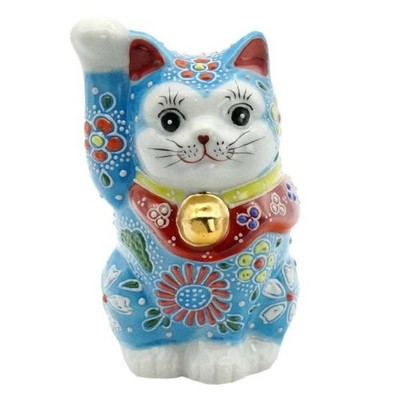 Maneki Neko Beckoning Lucky Cat Kutani Ware Porcelain Blue Mori Right 4.4 in NEW