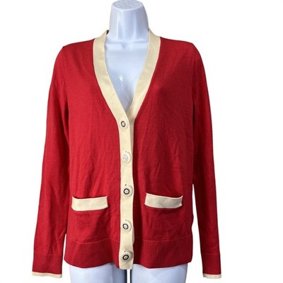 Tory Burch Cardigan Womens S Red Simone Wool Contrast Trim V-Neck Logo Button