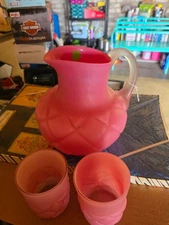 Pink Satin Glass Quilt Pattern Pitcher & Glasses set