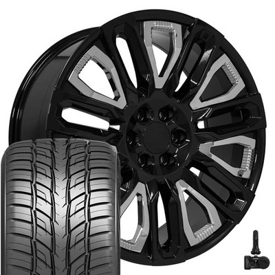 OE Wheels CV57 24x10 Black Rims, 295/35R24 HP Tires & TPMS Set 6X139.7 31ET