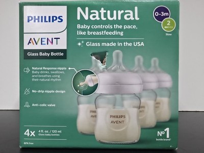 Philips Avent Natural Glass Baby Bottle Flow 2 0-3m 4 pk. NEW/OPEN BOX