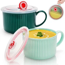 2 Packs Ceramic Soup Bowls with Handles 32 OZ Microwave Safe Soup Mug with Ve...