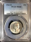 1964-D SILVER WASHINGTON QUARTER 25 CENT UNC COIN PCGS MS66