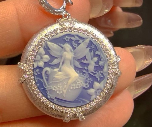 925 sterling silver blue Agate Cameo vintage jewelry Pendant estate jewelry - Picture 1 of 2