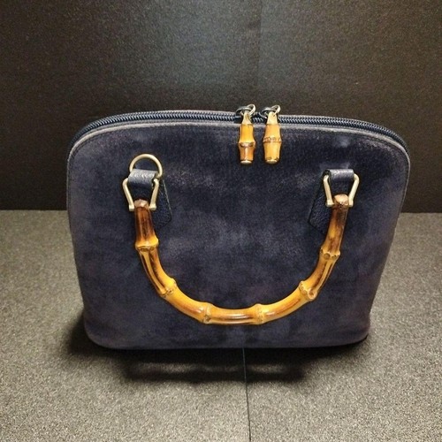 GUCCI Bamboo Handbag Suede x Leather Navy