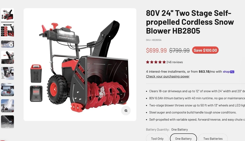PowerSmart 80V 24" Cordless Snow Blower, 45ft Distance, Steel Chute, 6Ah Battery - Image 4 of 4