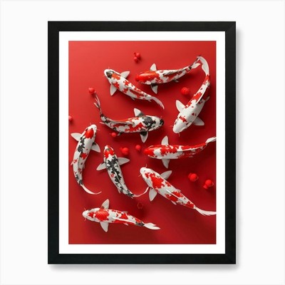 Koi Fisch auf rotem Hintergrund Kunstdruck gerahmtes Wandbild Poster Leinwanddruck Bild