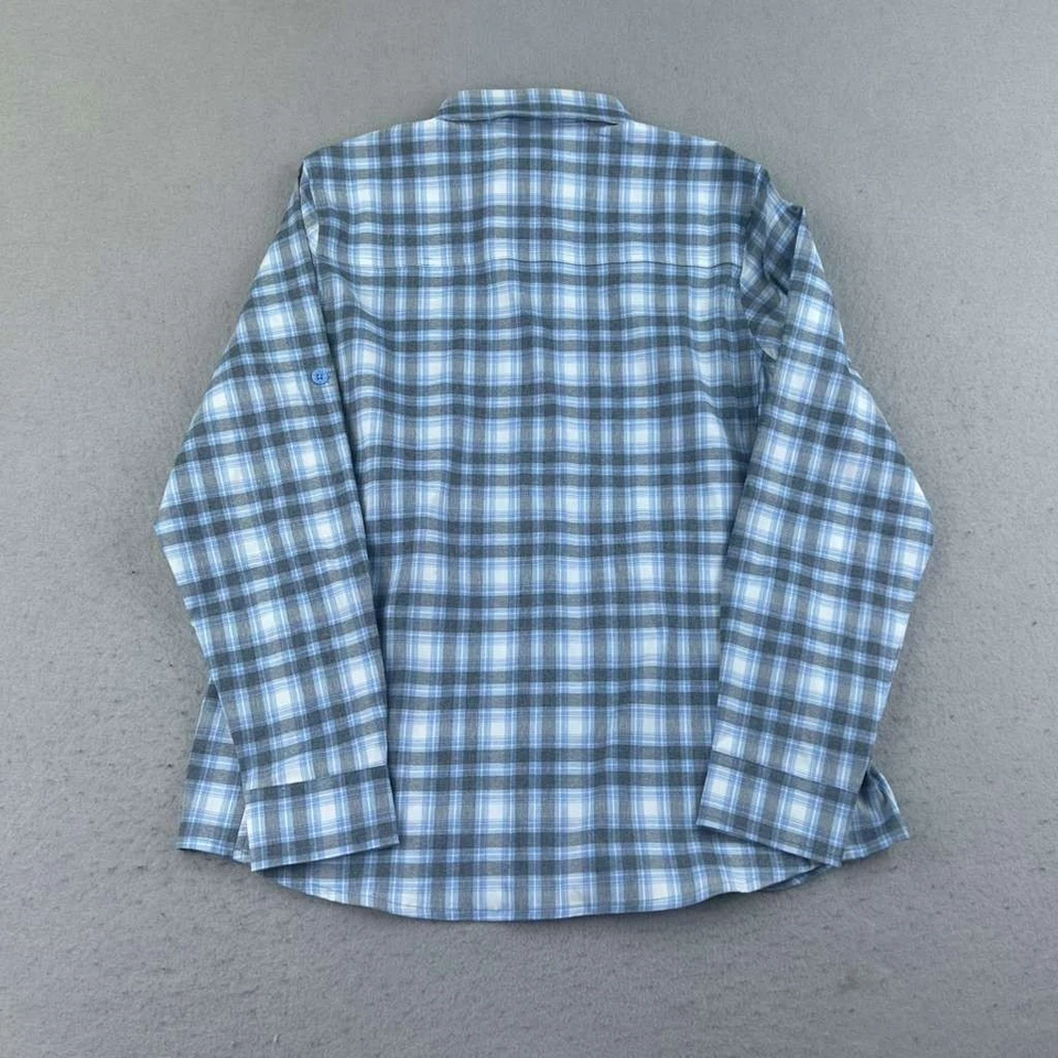 Camisa LL Bean para mujer SP azul gris a cuadros nailon lengüeta enrollable mangas largas abotonada Foto 4 de 4