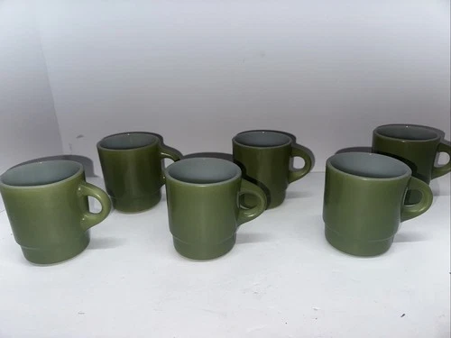 Vintage Anchor Hocking Fire King Avocado Green Coffee Cups Mugs - Set Of 6