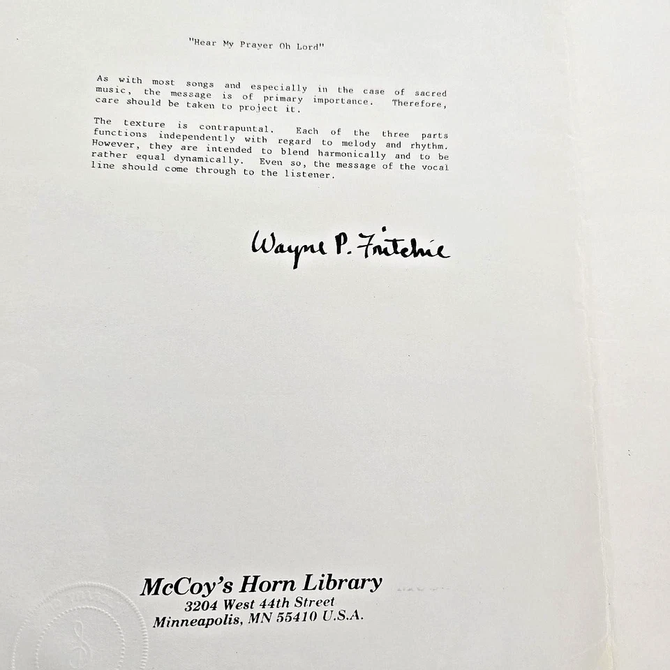 Hear My Prayer Oh Lord Sheet Music Score Fritchie French Horn Flute Soprano 1982 - Image 2 of 4