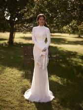 High Necked Mermaid Wedding Dress with Long Sleeves and Beaded Lace Bridal Gown