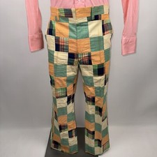 Vtg 60s 70s Patchwork Pants Mens 35 29 Madras Plaid Cotton Suit Disco Hippy MCM