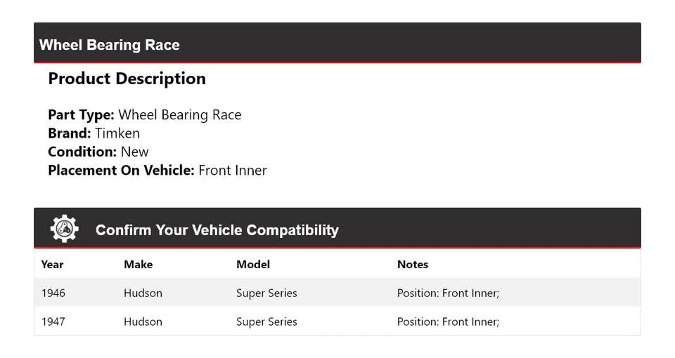 Cojinete de rueda interior delantero Timken para 1946-1947 Hudson Super Series Foto 2 de 4