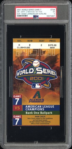Juego 7 Diamondbacks Clincher 2001 Serie Mundial Primer Título WS PSA 5 talones ¡RARO! - Imagen 1 de 4