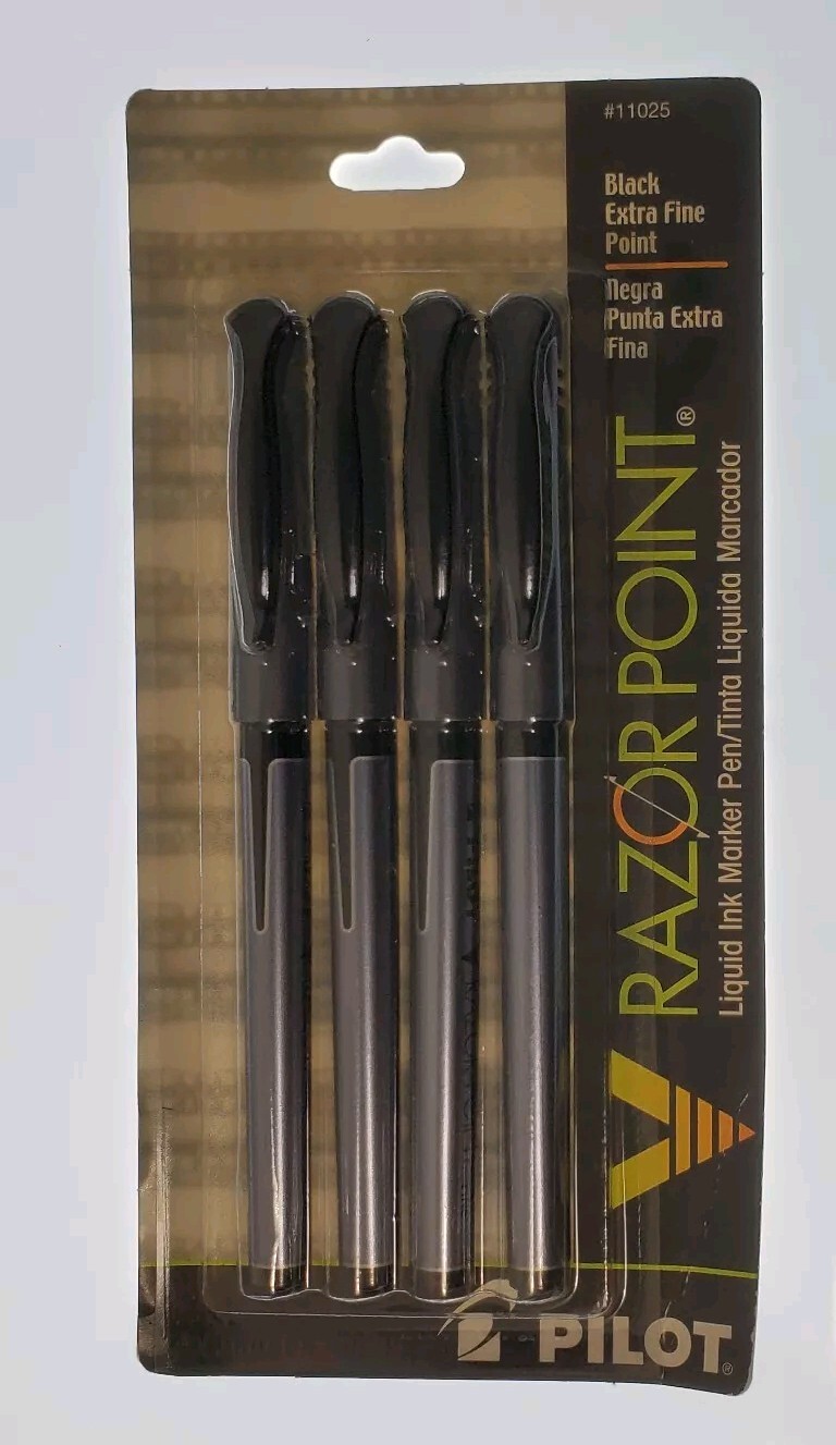 PILOT 11025 V RAZOR POINT Extra Fine Liquid Ink Markers, Black Ink, 4-Pack HTF 
