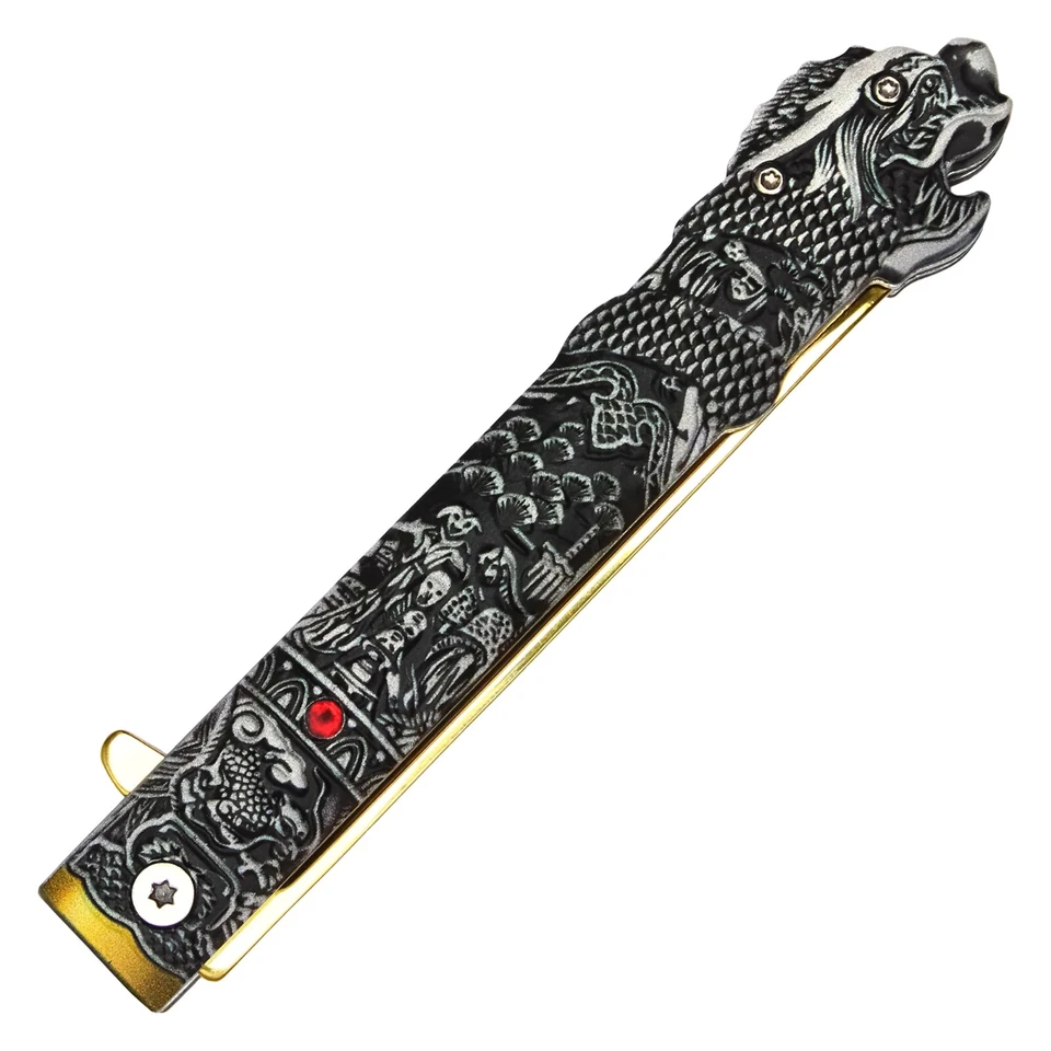 9.25" Spring Assisted Highlander Theme Pocket knife Dragon Mouth Tactical 458B - Image 4 of 4