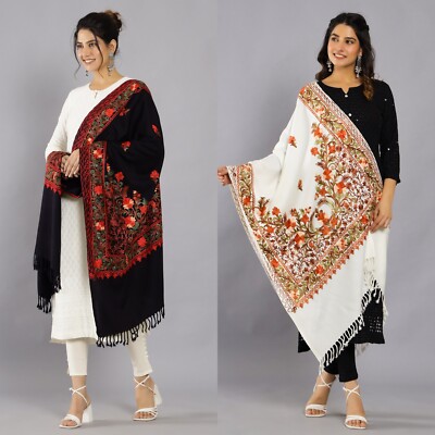 10 PC Menge Indisch Wolle Schal Bestickt L Stahl Pashmina Ari Schwarz und Weiß
