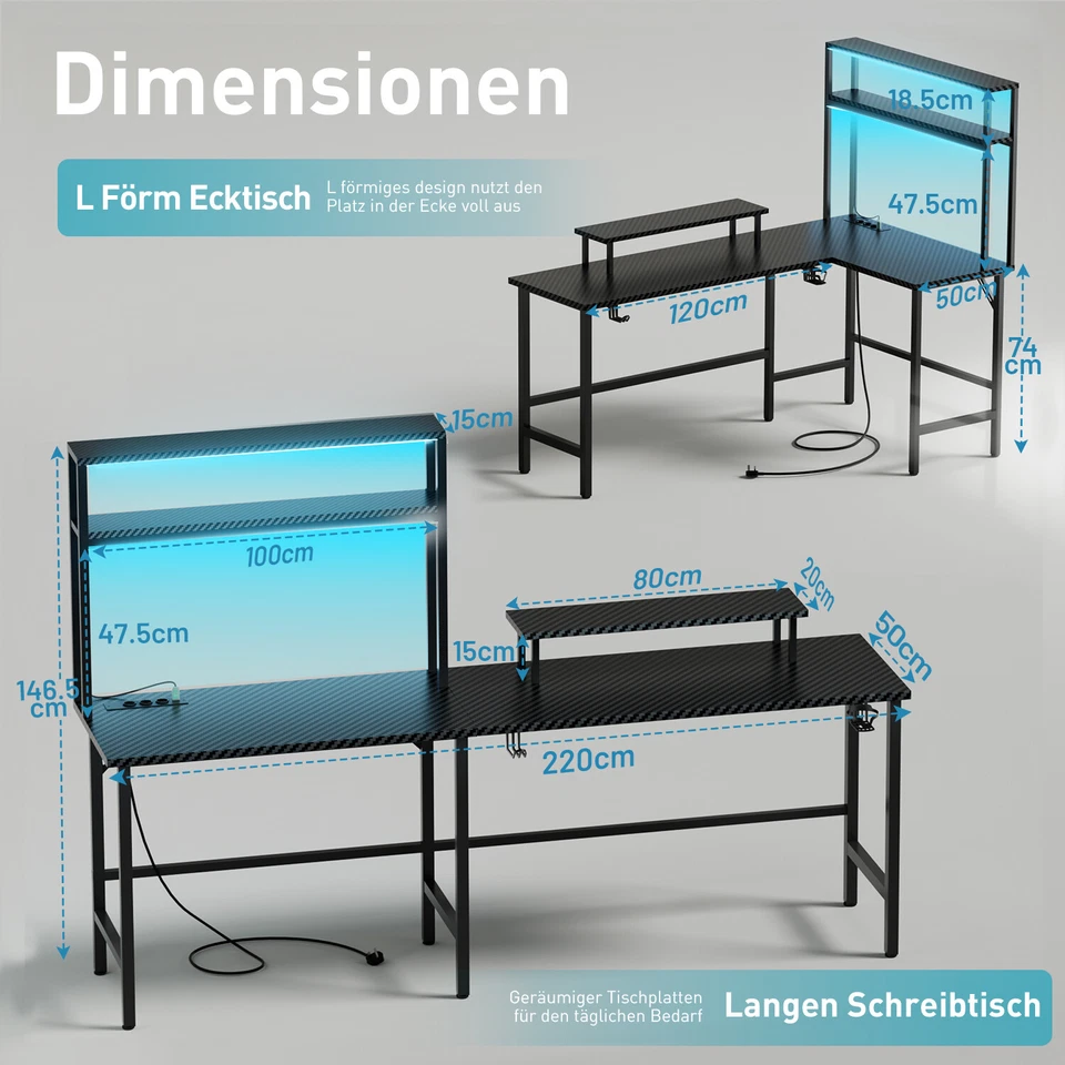Gaming Tisch mit LED, Gaming Schreibtisch L Form mit 3 Steckdosen und 2 USB - Bild 3 von 4