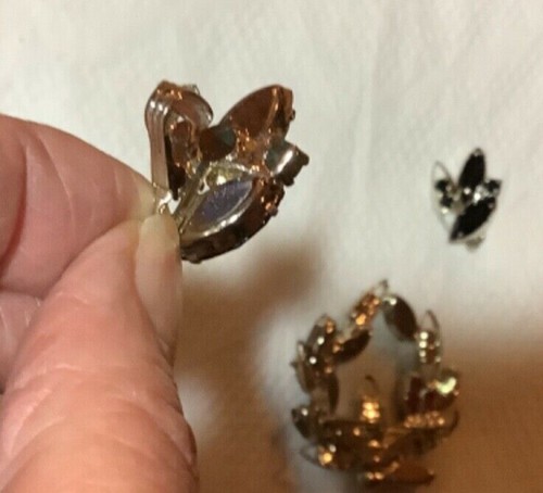 vintage pin brooch clip earrings unsigned black marquise cut rhinestones - Picture 5 of 6