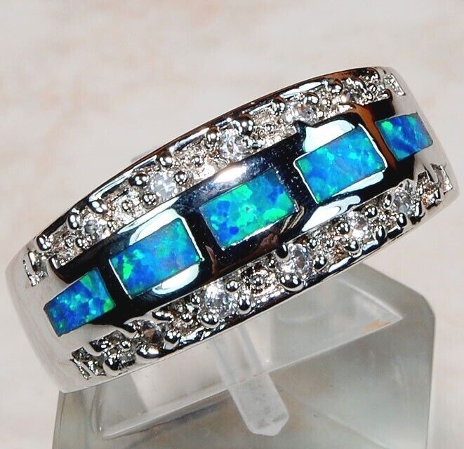 Australian Opal Inlay & White Topaz 925 Solid Sterling Silver Ring Sz 8 DT1