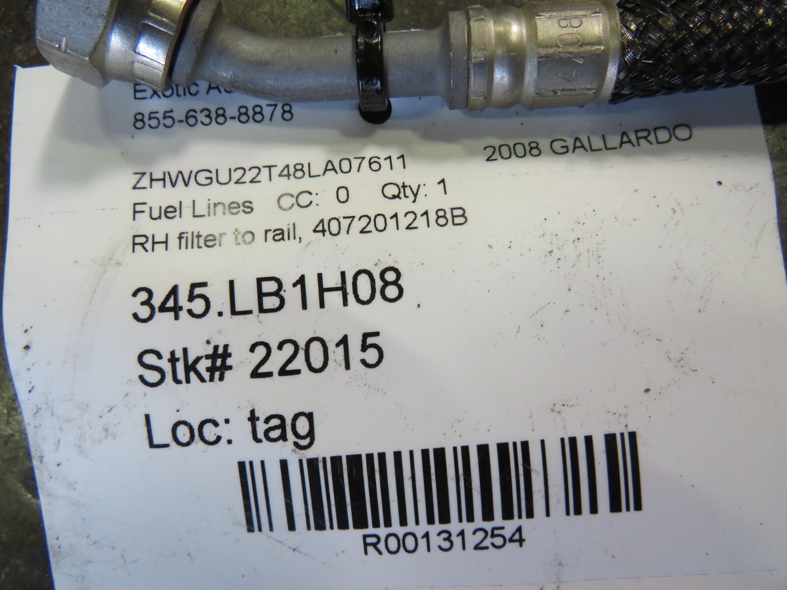 Lamborghini Gallardo, Spyder, RH, Filter to Fuel Rail, Used, P/N 407201218B