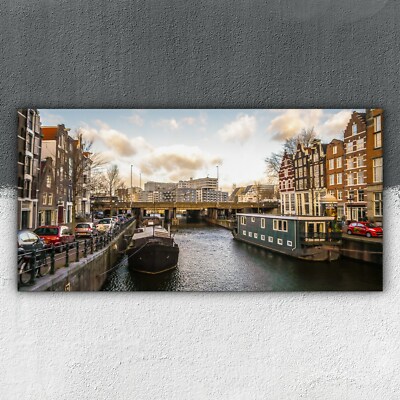 Boote und Kanal Amsterdam 100x50 Canvas Bilder Leinwandbild Leinwand Groß