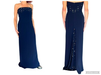 WOMEN'S JOVANI VINTAGE NAVY STRAPLESS BEADED FLORAL RHINESTONE PROM DRESS  GOWN 4 | eBay