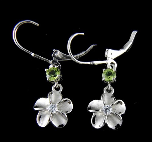 GENUINE PERIDOT SILVER 925 HAWAIIAN PLUMERIA FLOWER LEVERBACK EARRINGS RHODIUM - Picture 2 of 2
