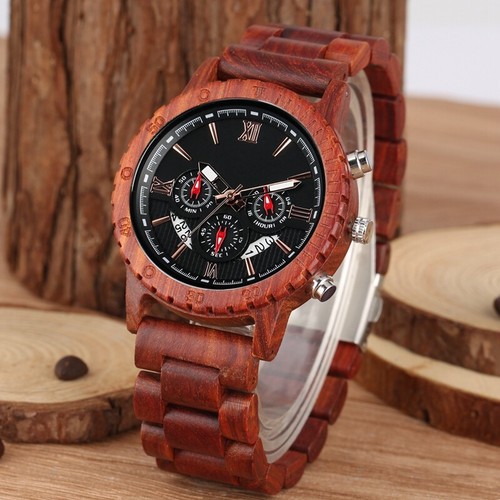 Casual Sandalwood Wood Men's Quartz Wristwatch Chronograph Date Wooden Band Gift - Picture 5 of 18