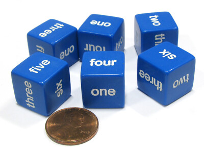 Set of 6 D6 16mm Word Number Dice - Math Educational Die - Blue with White Pip