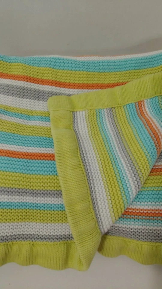 Manta Bebé Sumersault Tejida Térmica Tejido Verde Blanco Naranja Azul Algodón Rayas Foto 2 de 4