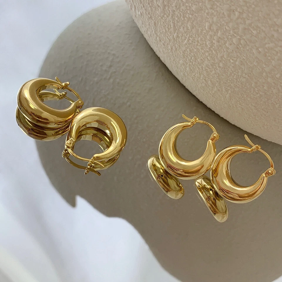 Authentic 18K Gold Earrings Hoop Style Fine Smoothly Moon 100% Yellow Gold - Image 3 of 4