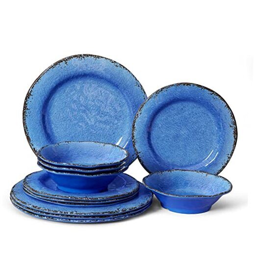 12 Piece Melamine Dinnerware Set BPA Free Farmhouse Outdoor Dishes Set Blue