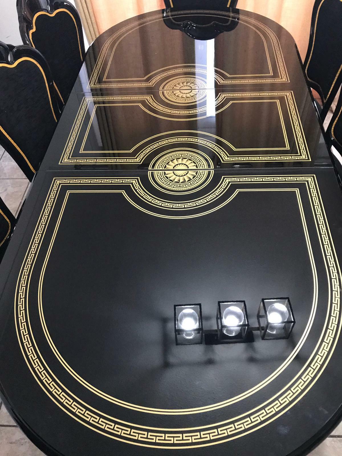 VENUS ITALIAN HIGH GLOSS DINING EXTENDING TABLE & 6 MEDUSA HEAD FABRIC