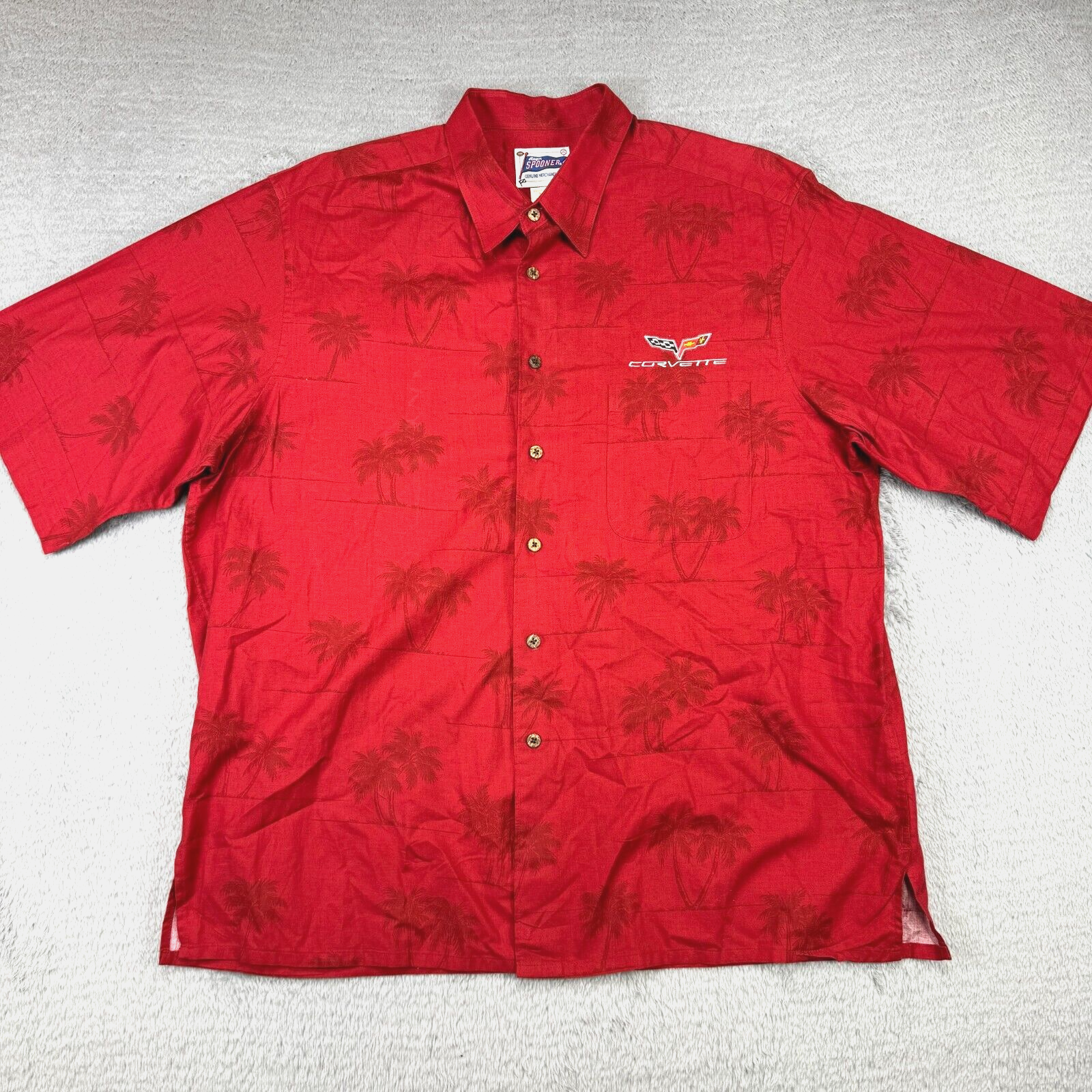 Reyn Spooner Red Short Sleeve Cotton Hawaiian Shirt Corvette Logo Men's XL