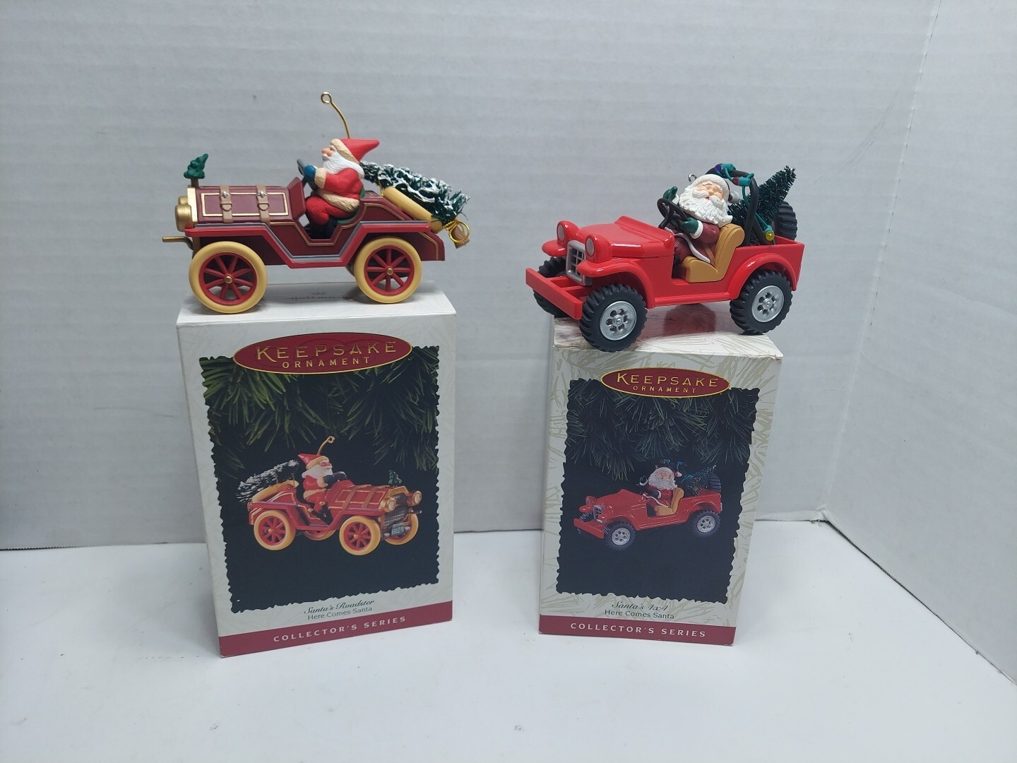 1996 Hallmark Santa's 4x4 and 1995 Roadster Ornament Set - Santa Claus Holiday Decor