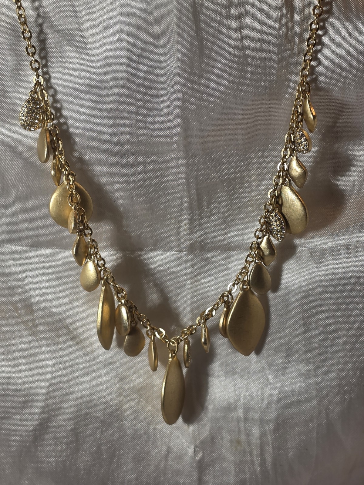 Chico's Matte Gold & Rhinestone Teardrop Fringe Statement Necklace