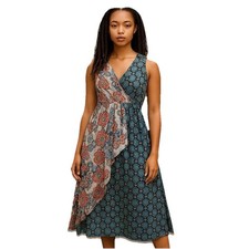 One World Women’s Faux Wrap Dress Size L Sleeveless Festival Summer Dress Boho