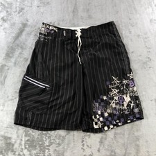 VTG Billabong Board Shorts Mens 33 Black Star Pinstripe Surf Swim Trunks Y2K