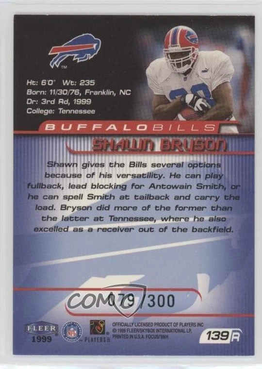 1999 Fleer Focus Rookie Stealth /300 Shawn Bryson #139 Rookie RC - Image 2 of 2