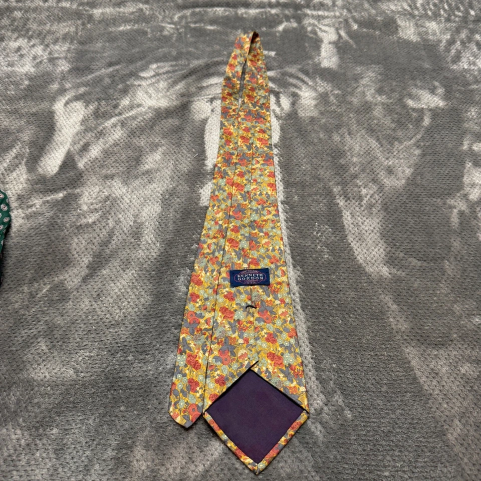 Kenneth Gordon New Orleans Silk Floral Tie Hand Printed Italy Made in USA Yellow - Image 3 of 4