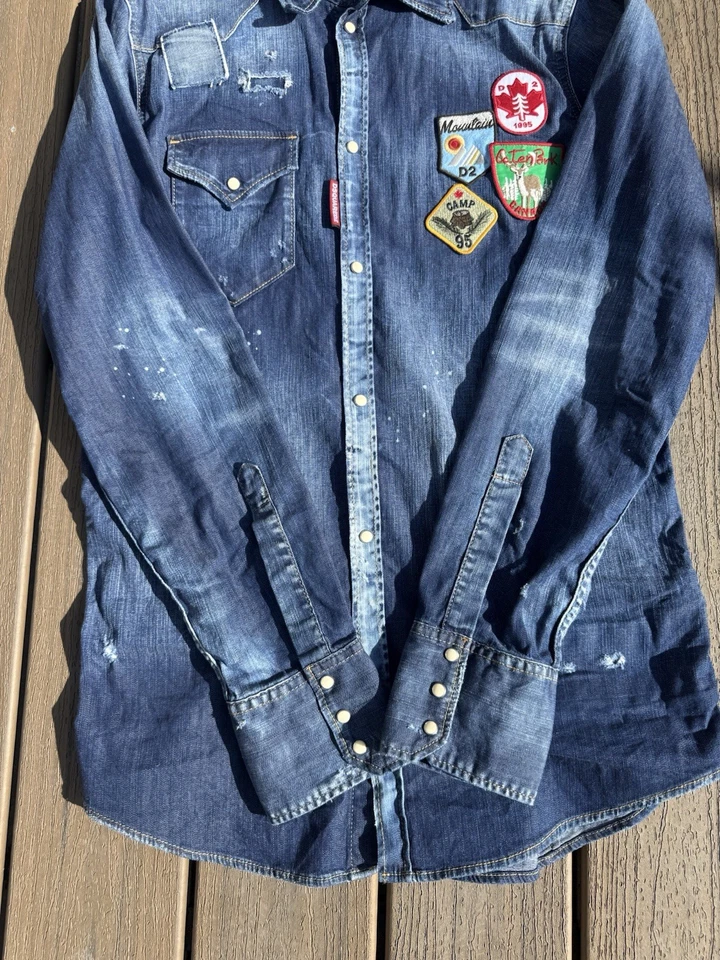 Dsquared2 Men's Long Sleeve Denim Shirt Size 52 (L) Distressed Blue Pearl Snap - Image 3 of 4