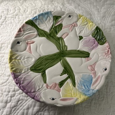 VTG 3-D CERAMIC BUNNY RABBIT DESERT PLATE EASTER  /PASTELS  8  Taiwan