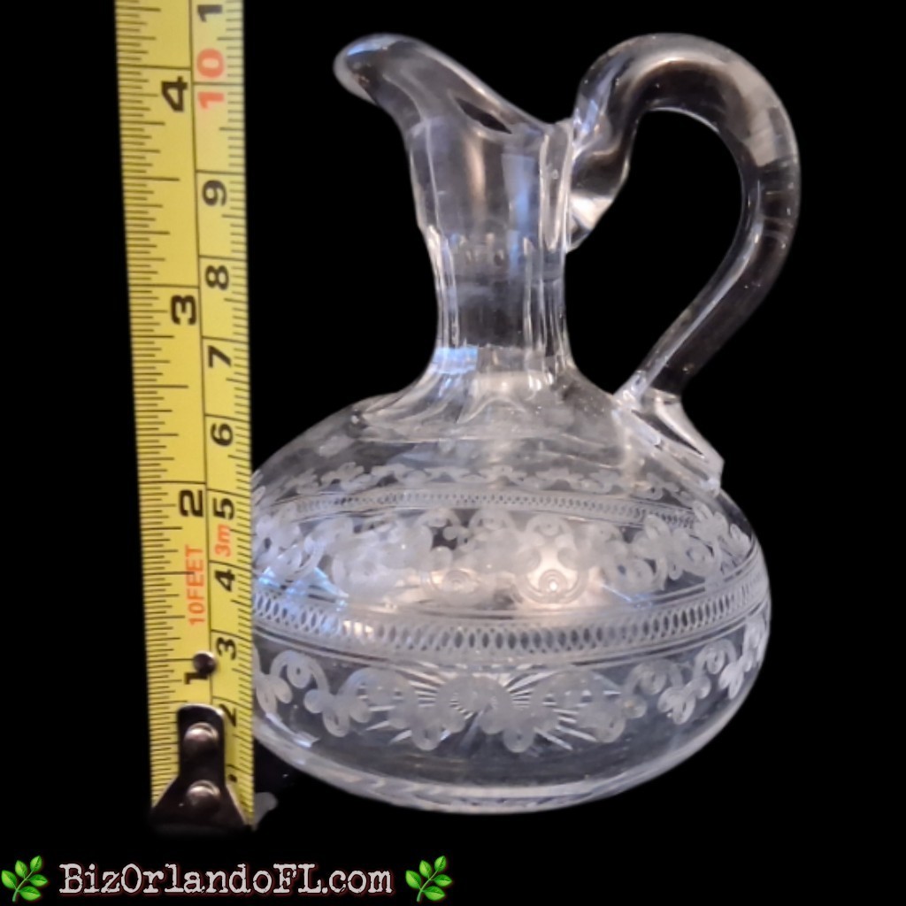 VINTAGE: Intricately Etched Glass Cruet for Oil / Vinegar (Approx. 4.5" Tall)